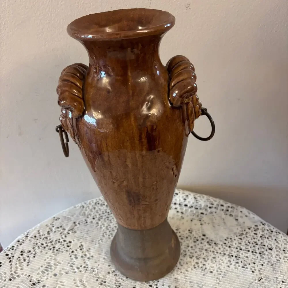 Vintage Hosley Ceramic Lion Head Vase Burnt Orange Brown High Gloss Finish